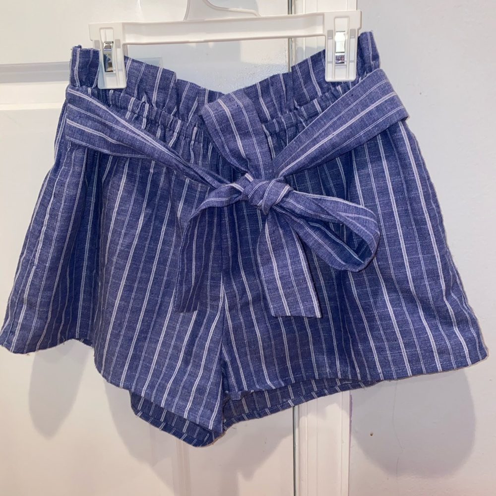 Blue and white striped tie up shorts